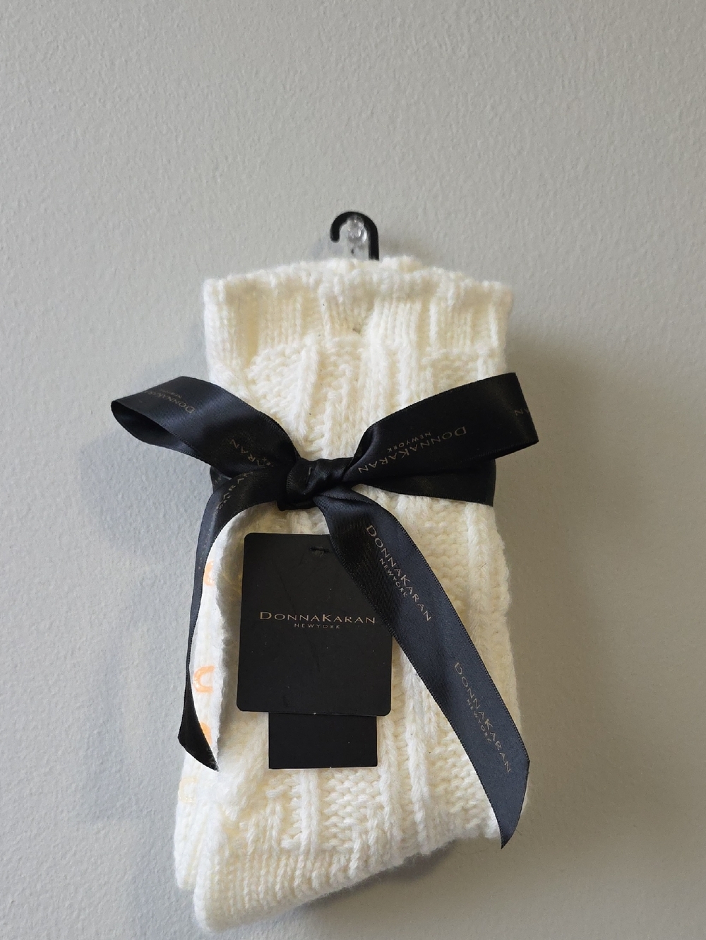 DONNA KARAN NY Cream Cable Knit Socks with Black Ribbon  With Antislip Silicon